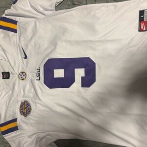 Nike White and Purple LSU Joe Burreaux jersey